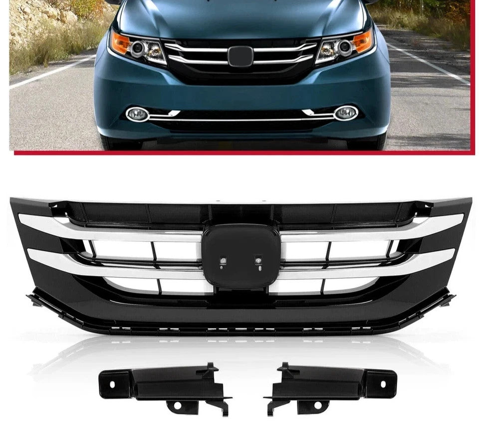 Bumper Upper Grille Fits 2014-2017 Honda Odyssey Black Front Grill W/Chrome Trim